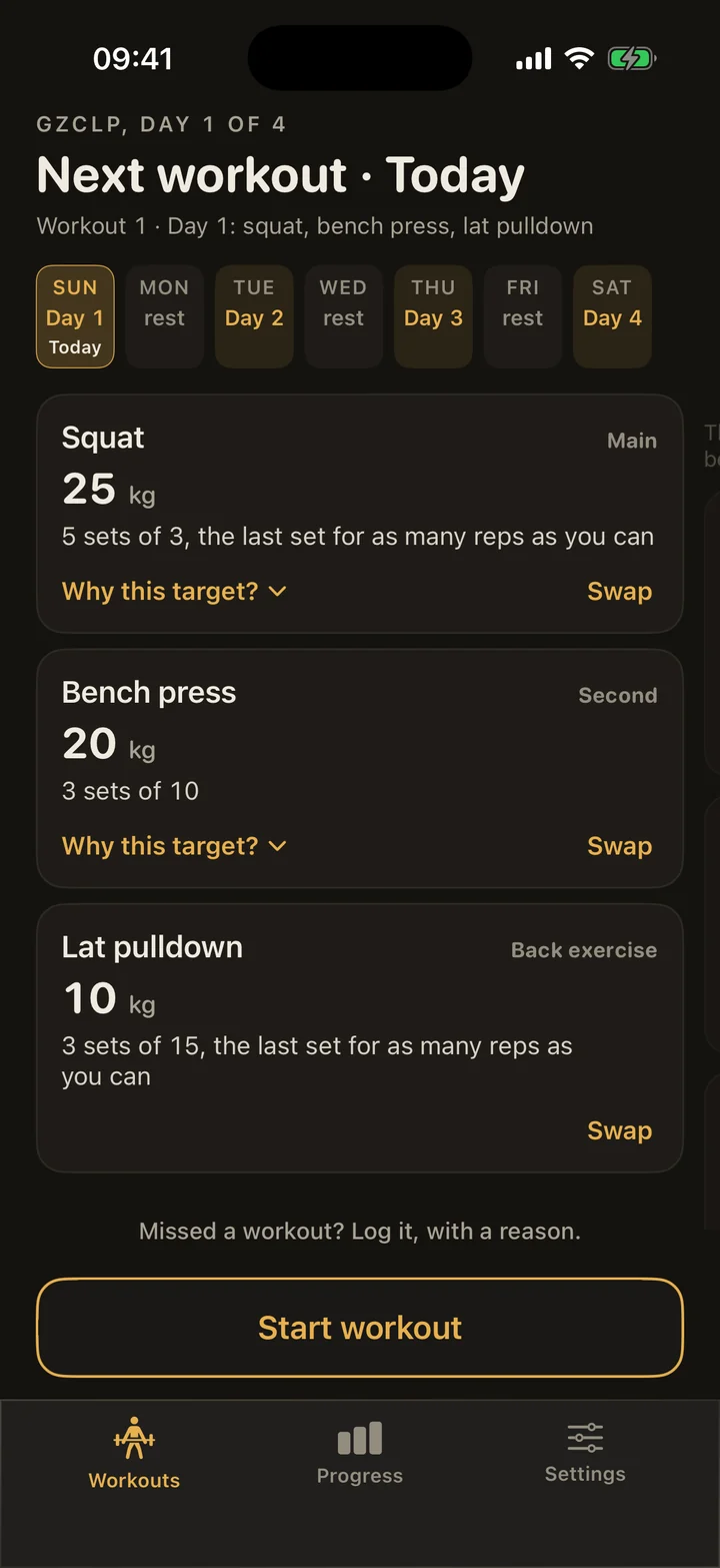 A separate GZCLP day in Sabel: squat, bench press and lat pulldown, each with its prescribed weights, sets and reps.