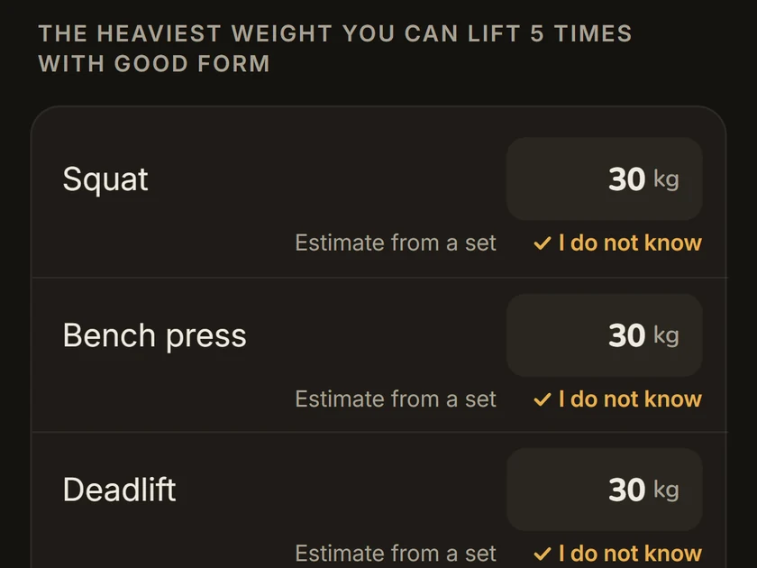 Sabel’s start screen with 30 kg filled in for squat, bench press and deadlift after tapping “I do not know”.