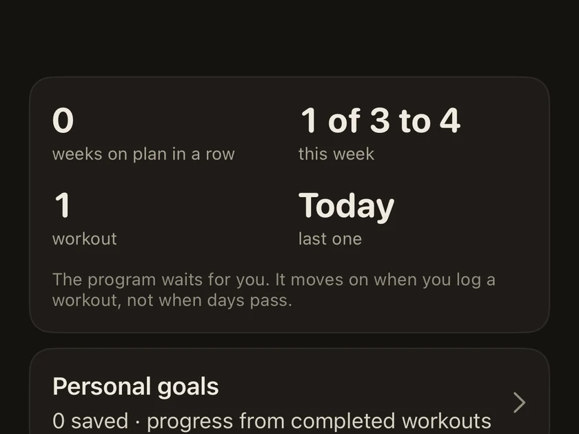 Sabel’s progress screen: “The program waits for you. It moves on when you log a workout, not when days pass.”